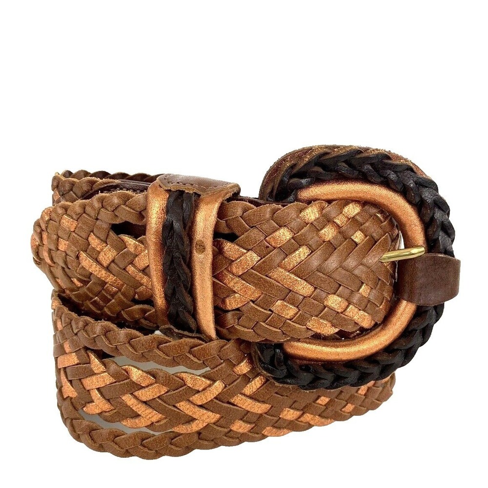Chico's Leather Woven Belt Size M Brown Large Buckle Womens - Picture 3 of 12